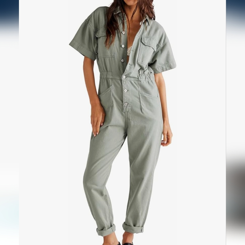 We The Free by Free People Marci Coverall Washed Army Size Large - Picture 2 of 9